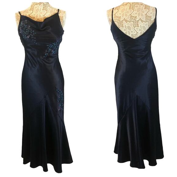 Y2K Alex Evenings navy beaded slip cowl neck floral satin formal Gown small - Picture 1 of 16